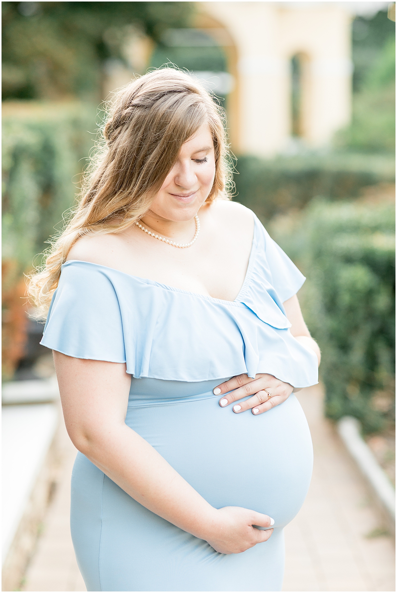 blue-ruffle-off-the-shoulder-dress-for-baby-boy-maternity-photo-session